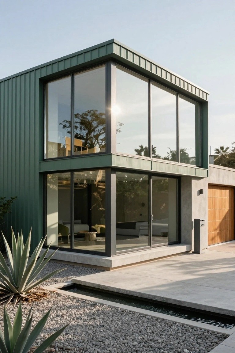Corner view of a two-story modern house with green corrugated metal siding, large floor-to-ceiling glass windows, black frames, wooden garage door, concrete elements, agave plants, gravel ground cover, and a narrow water channel along the patio edge.