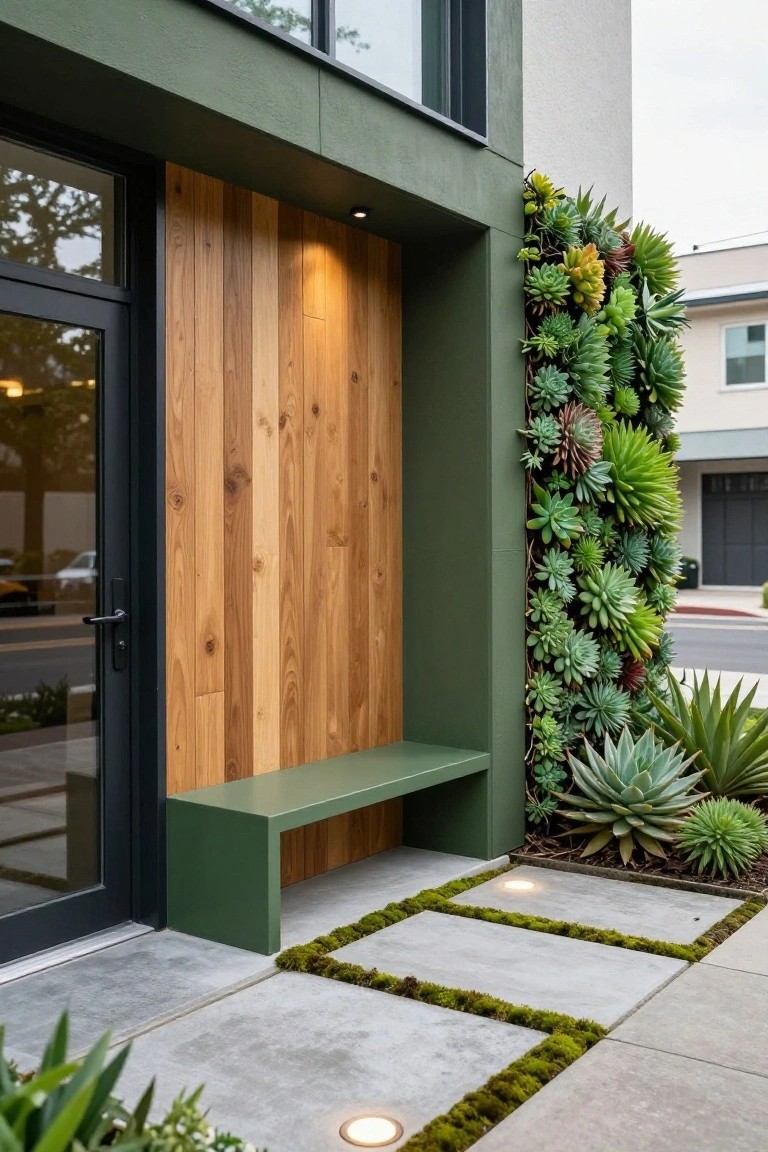 Green-painted bench integrated against a matching green stucco wall next to wooden siding, a glass entry door, vertical succulent garden, agave plants, and moss-bordered concrete pathway at a modern house entrance.