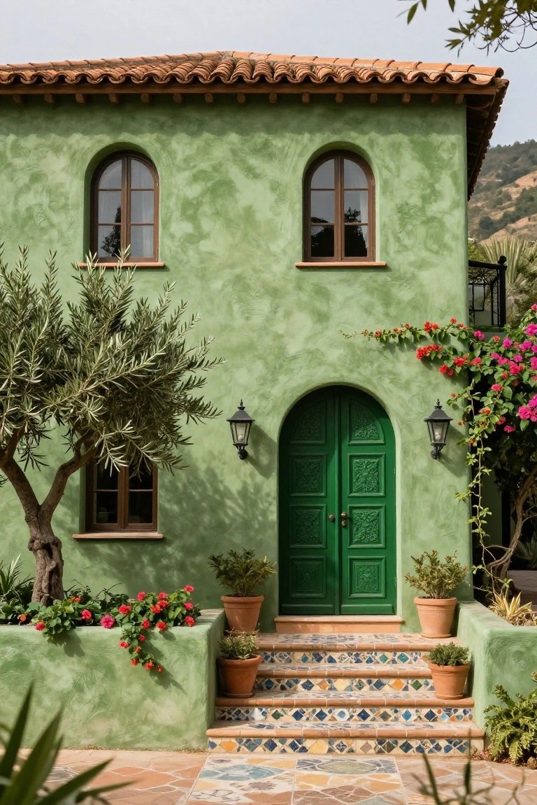 Sage green stucco house exterior with red tile roof, two arched brown-framed windows, central arched green carved wooden door flanked by black lanterns, olive tree to the left, bougainvillea vines and potted plants around tiled entry steps.