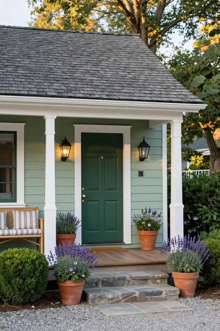 Small house exterior painted mint green with white trim and columns on a covered porch, featuring a dark green front door, wall lanterns, and potted lavender plants beside stone steps on a gravel driveway.
