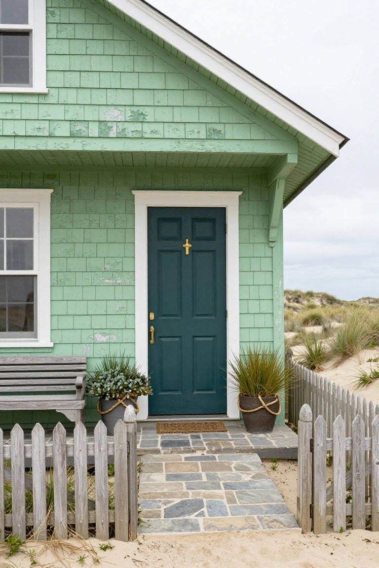 Mint green shingled corner of a beach cottage with dark green paneled front door, white trim, wooden bench, potted plants in rope-handled pots, white picket fence, stone entry path, and sand dunes in background.