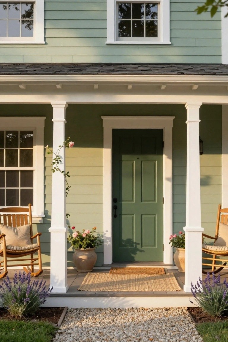 Light green clapboard house with white porch columns supporting the roof over a dark green front door, flanked by two tan wicker rocking chairs with beige cushions, potted plants, climbing rose, lavender borders, and gravel path.