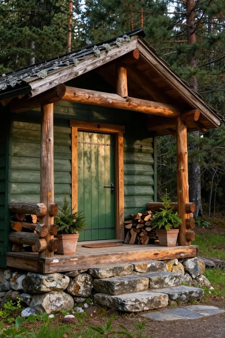 Small green log cabin with wooden siding, covered porch supported by log posts, green door, stacked firewood, potted plants, stone steps, and surrounding pine forest.