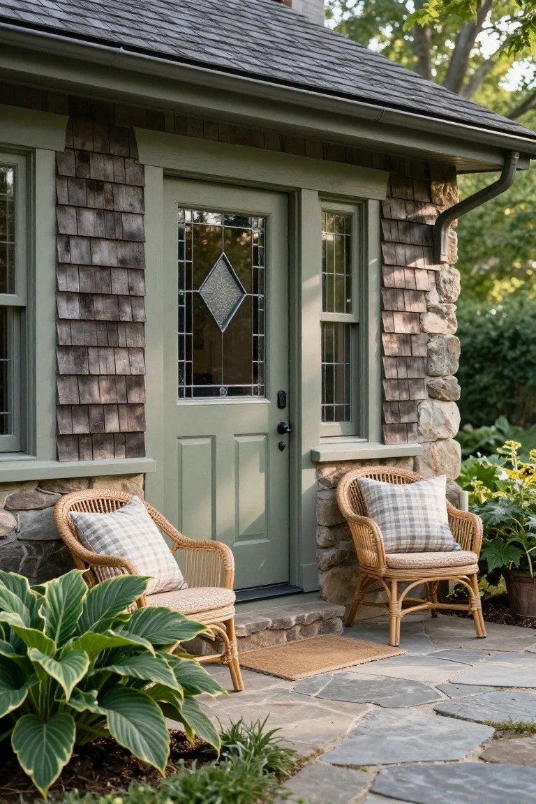 Sage green wooden front door with diamond leaded glass window on a small shingle-sided house with stone base, flanked by two wicker armchairs with plaid pillows, hosta plants, and a stone path.