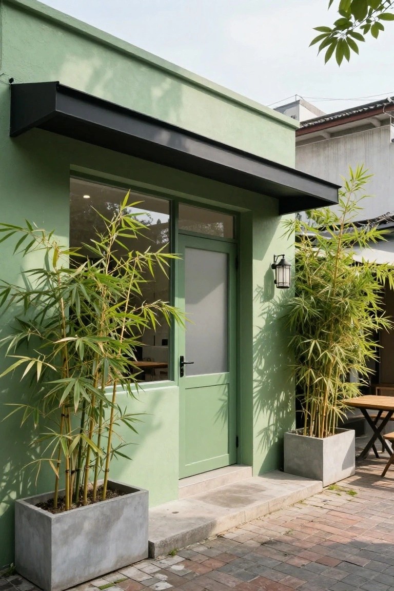 Sage green house exterior with black awning over a frosted glass door and window, wall-mounted lantern, tall potted bamboo plants flanking the entrance, and a small table on brick paving.