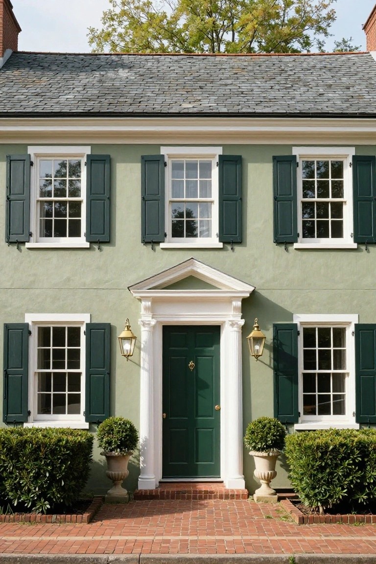 Two-story house with pale green siding, dark green shutters on multipane windows, green front door in white pedimented surround with brass lanterns, flanked by boxwood shrubs in urns on brick walkway.
