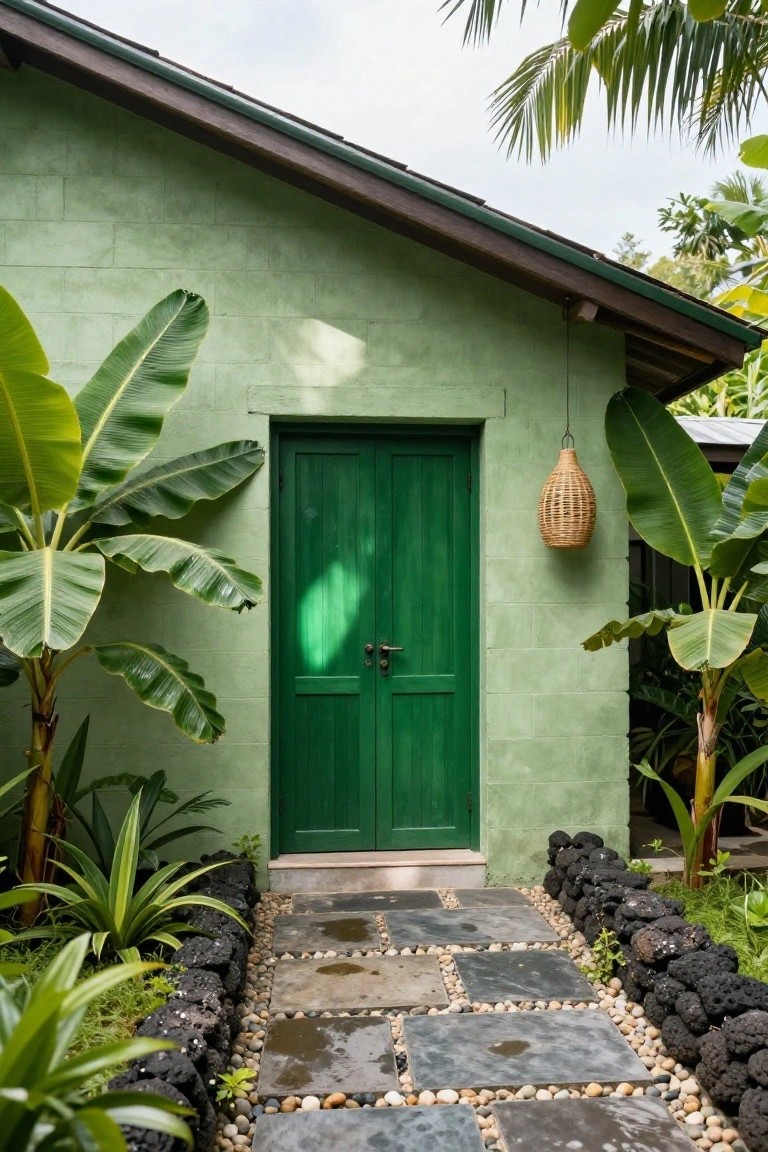Mint green block-walled house with dark green double doors, flanked by large banana plants, a woven hanging lantern, and a slate stone pathway edged in black lava rocks and pebbles.