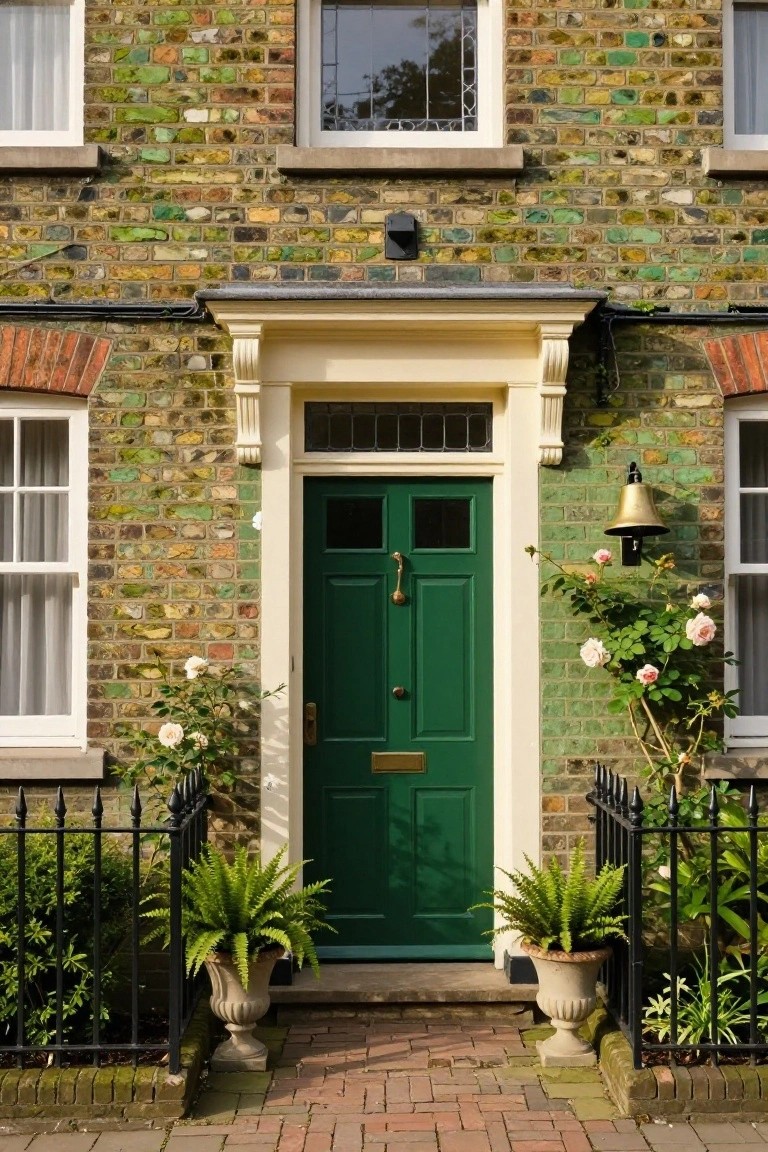 Green front door centered in a brick house facade with multicolored green-tinted bricks, potted ferns flanking the entrance, climbing roses on the wall, black iron fence, and brick pathway.