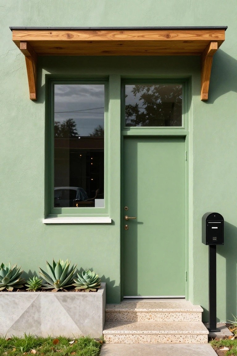 Mint green stucco house facade with a wooden awning sheltering a matching green door and window, flanked by potted agave plants in a concrete planter, a black mailbox, and stone steps.