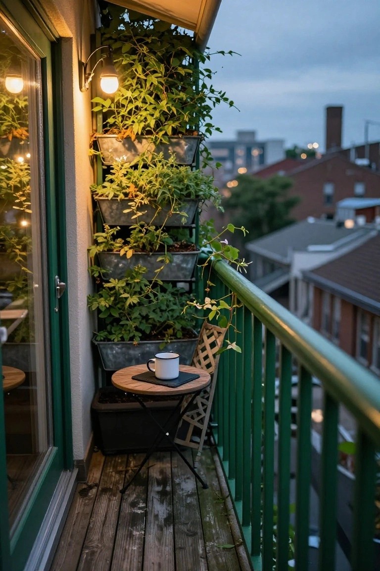 Balcony at dusk with stacked metal planters full of lush green foliage climbing the wall and green metal railing, a small wooden table holding a white mug and notebook, next to a sliding glass door and wet wooden decking.