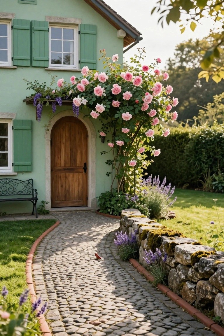 Pale green house with green shutters and an arched brown wooden door framed by pink climbing roses, purple wisteria above, cobblestone path edged with lavender plants and a mossy stone wall.