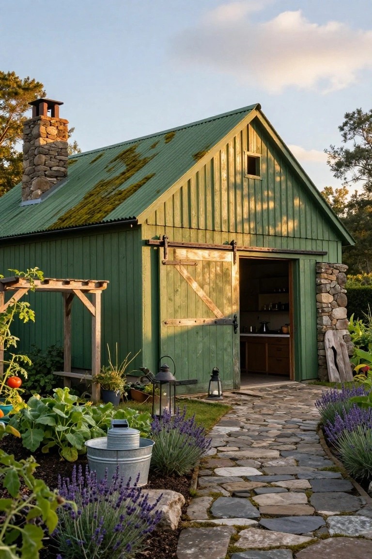Green wooden garden shed with mossy corrugated metal roof, stone chimney, open barn-style door revealing shelves and sink inside, surrounded by vegetable plants, lavender, and a stone walkway.