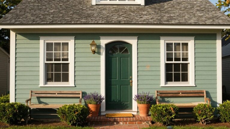 Mint green clapboard house exterior featuring a dark green paneled door with brass hardware, white trim, a brass lantern light, single window, and two terracotta pots of lavender plants flanking brick entry steps.