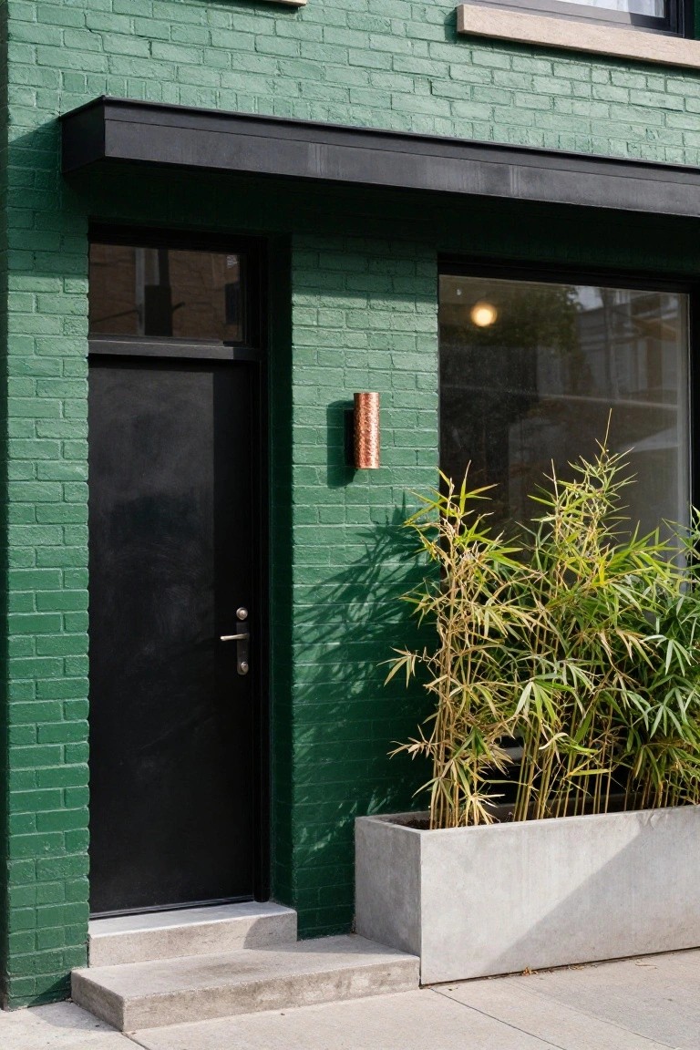 Green brick house exterior with black front door, copper wall sconce, large glass window, and tall bamboo plants in a white concrete planter next to entry steps on a sidewalk.