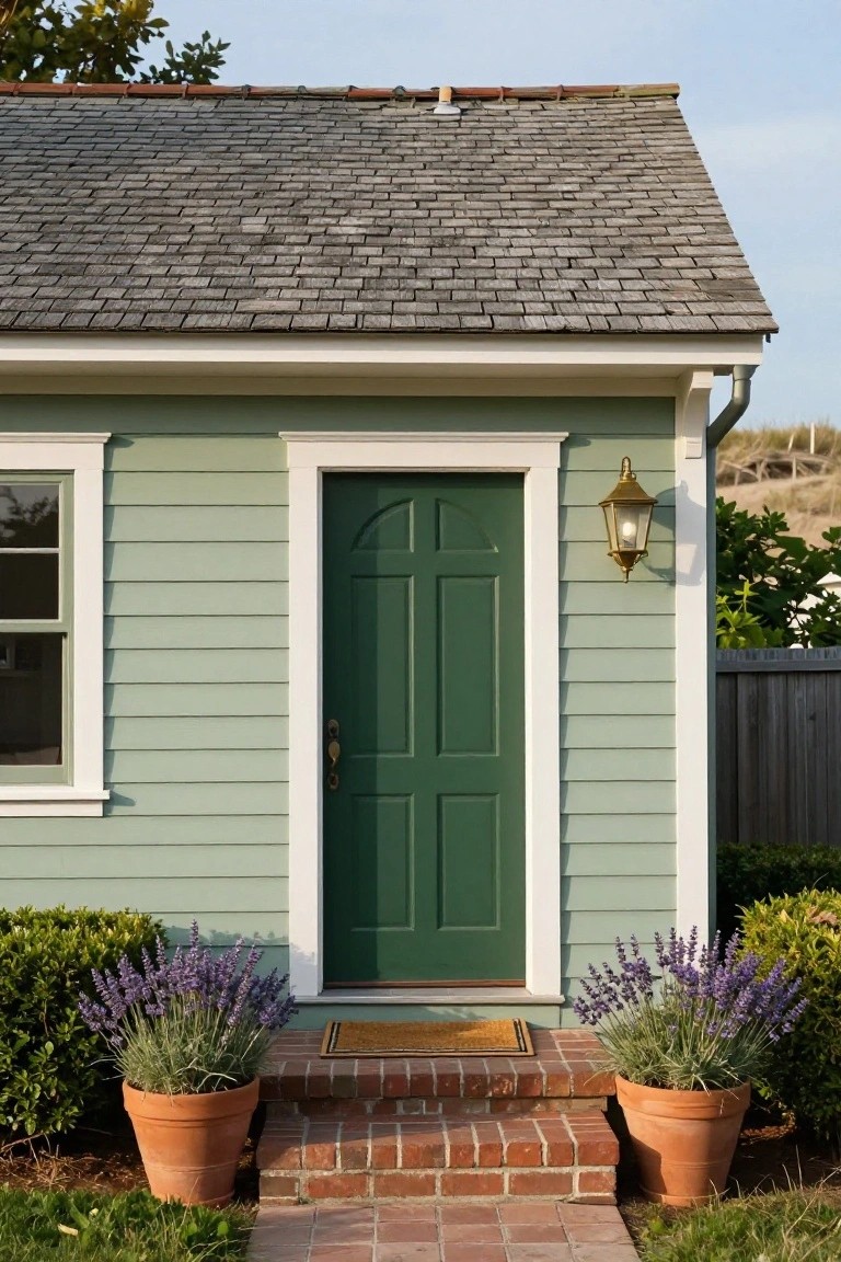 Mint green clapboard house exterior featuring a dark green paneled door with brass hardware, white trim, a brass lantern light, single window, and two terracotta pots of lavender plants flanking brick entry steps.