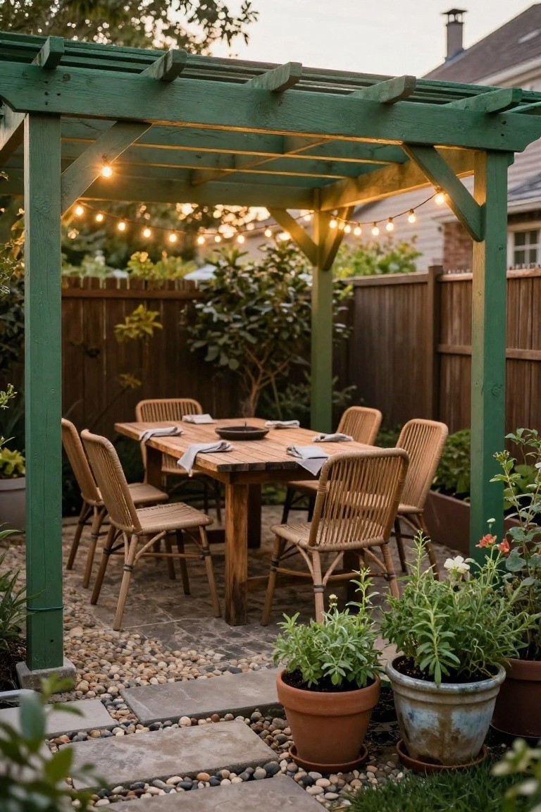 Green wooden pergola sheltering a rectangular wooden dining table with six rattan chairs, set with napkins and a bowl, surrounded by potted plants, string lights, fencing, and gravel paving in a backyard.
