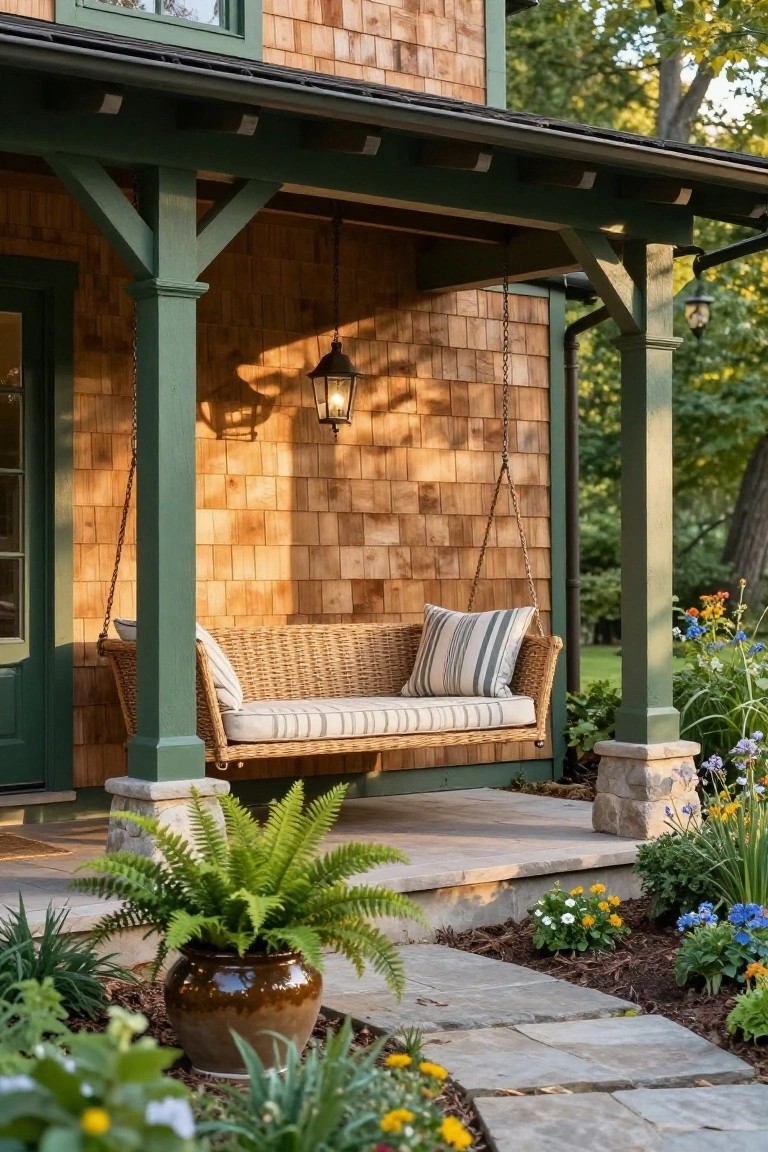 Shingled house exterior with green painted porch posts supporting a covered porch, hanging wicker swing with cushions and pillows, lantern light, green door, stone steps, potted fern, and surrounding flower beds with various plants.