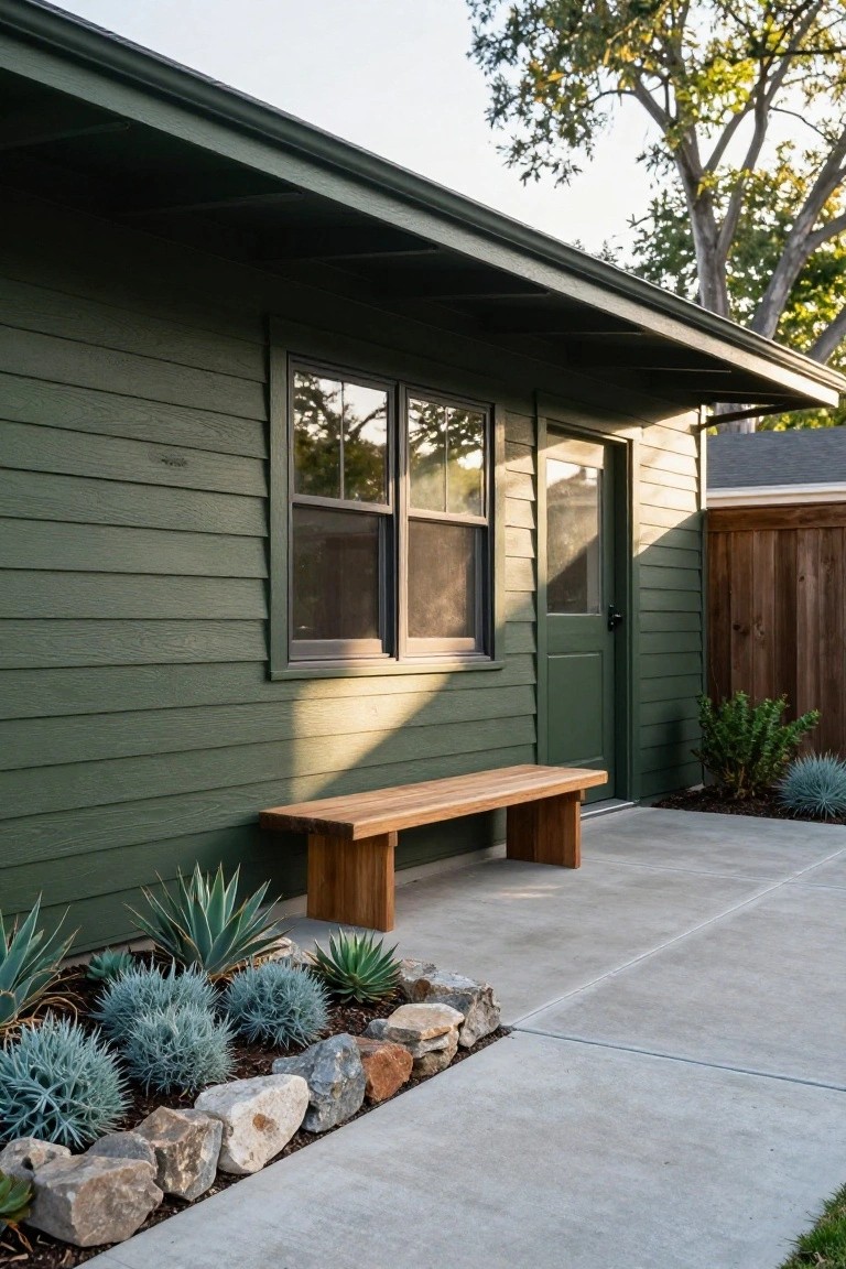 Green clapboard siding on a small house exterior with a dark green door, double window, wooden bench, concrete path, and succulent plants edged by rocks.