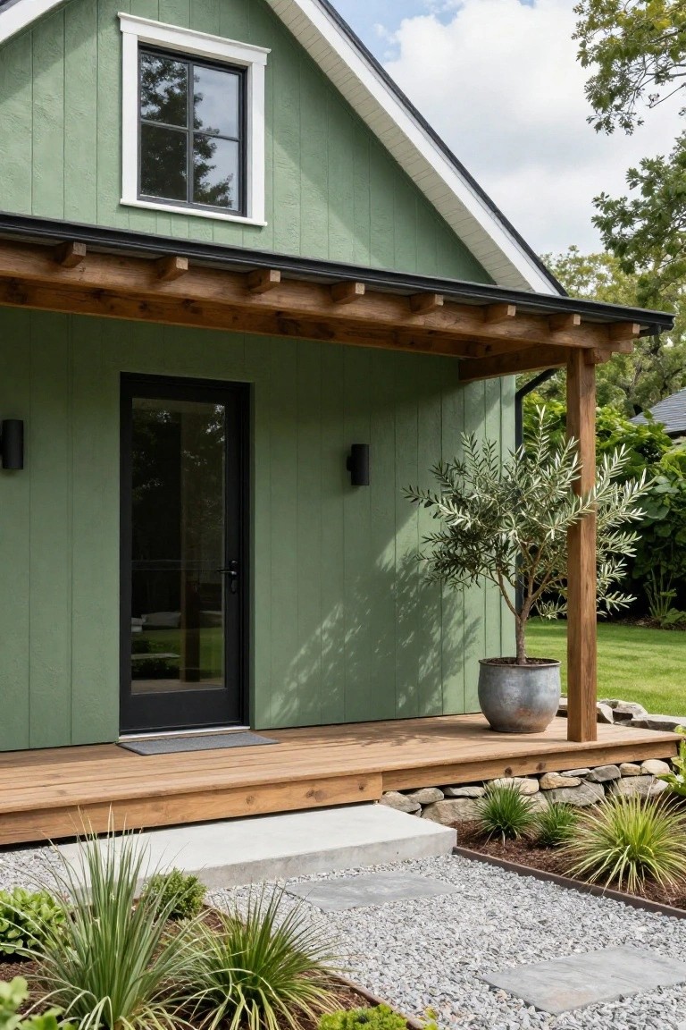 Small gabled house painted sage green with board-and-batten siding, black-framed glass door and window, wooden porch supported by beams, potted olive tree, and stone path with gravel and plantings.