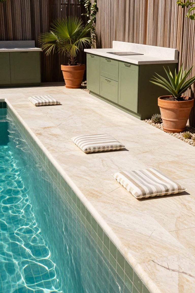 Outdoor pool edged with wide travertine coping holding striped cushions, next to sage green cabinets with stone countertop, potted plants, and wooden slat fence in background.