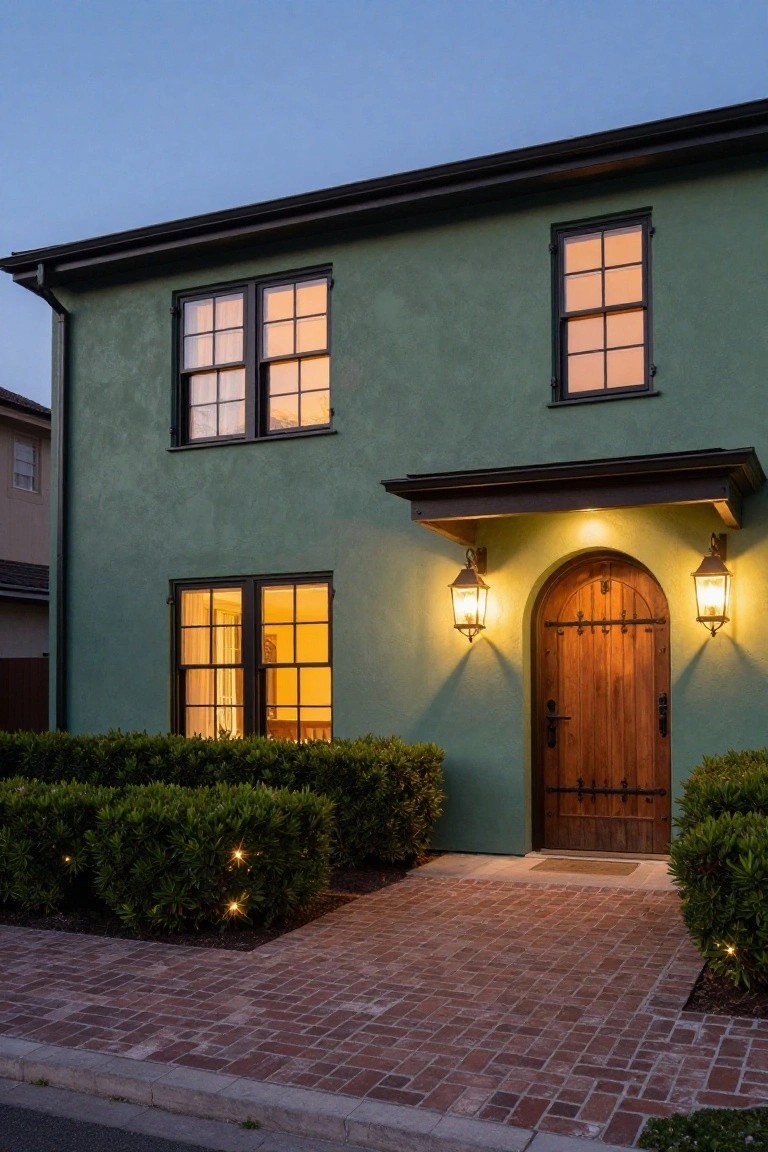 Green stucco single-story house exterior at dusk featuring an arched wooden front door with black hardware, flanked by lanterns and boxwood hedges, with lit windows and a brick pathway.