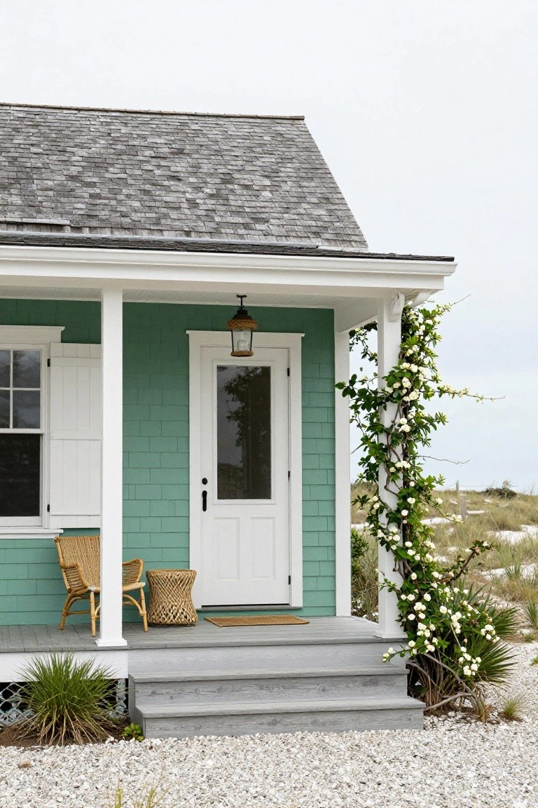 Mint green shingle-sided cottage exterior with white porch railing, rattan chair and basket, glass door, lantern light, climbing white flowers on post, steps to gravel yard, and beach grass nearby.