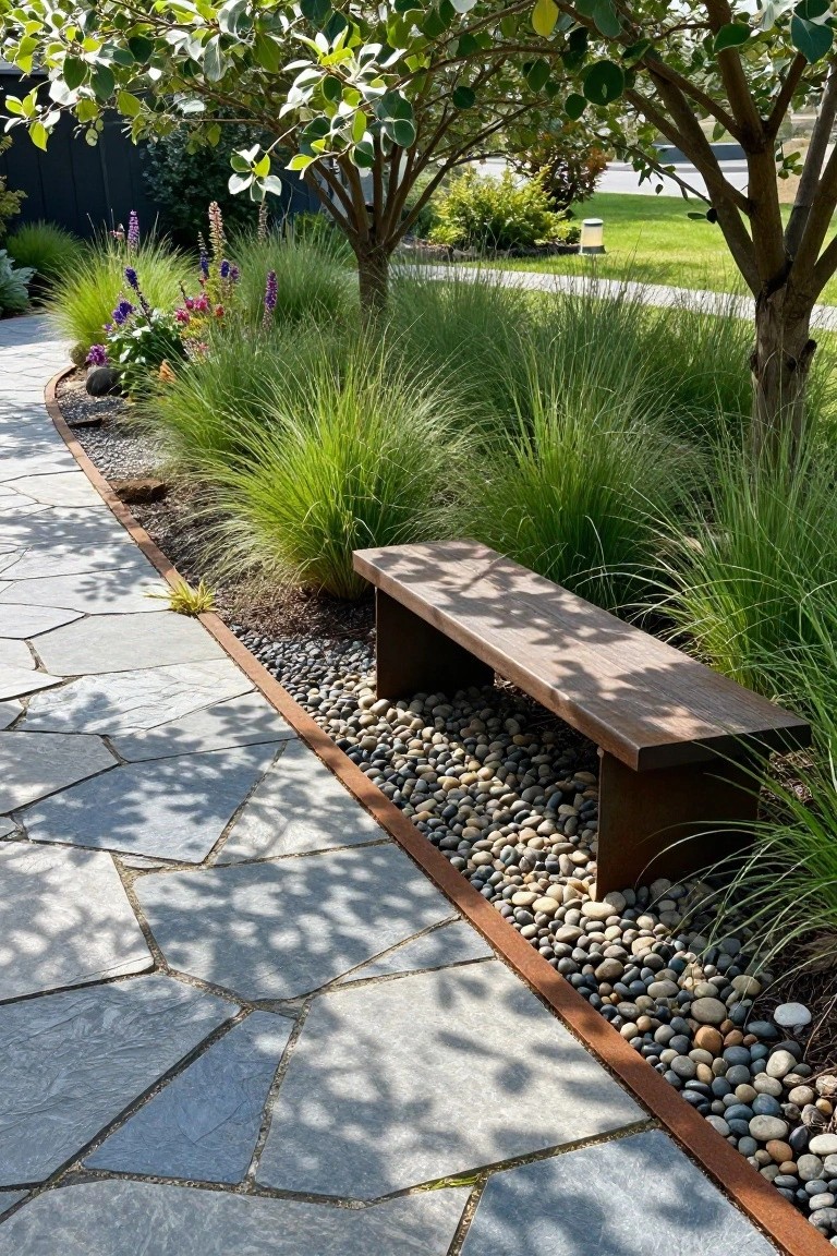 Curved irregular flagstone pathway edged with multicolored pebbles retained by rusted metal strips, surrounded by ornamental grasses and flowers, with a metal-framed wooden bench adjacent.