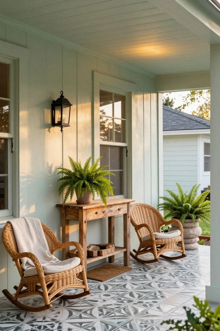Light green shiplap porch walls with two wicker rocking chairs, a wooden console table topped with potted ferns, a black wall lantern, and geometric gray tile floor.