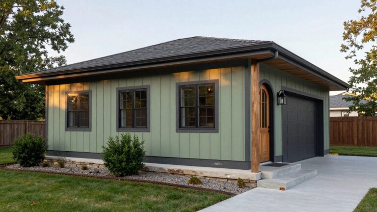 Two-story house painted sage green with black window frames and trim, featuring a covered wooden porch with arched door, attached gray garage door, concrete steps, and surrounding lawn with shrubs and gravel path.