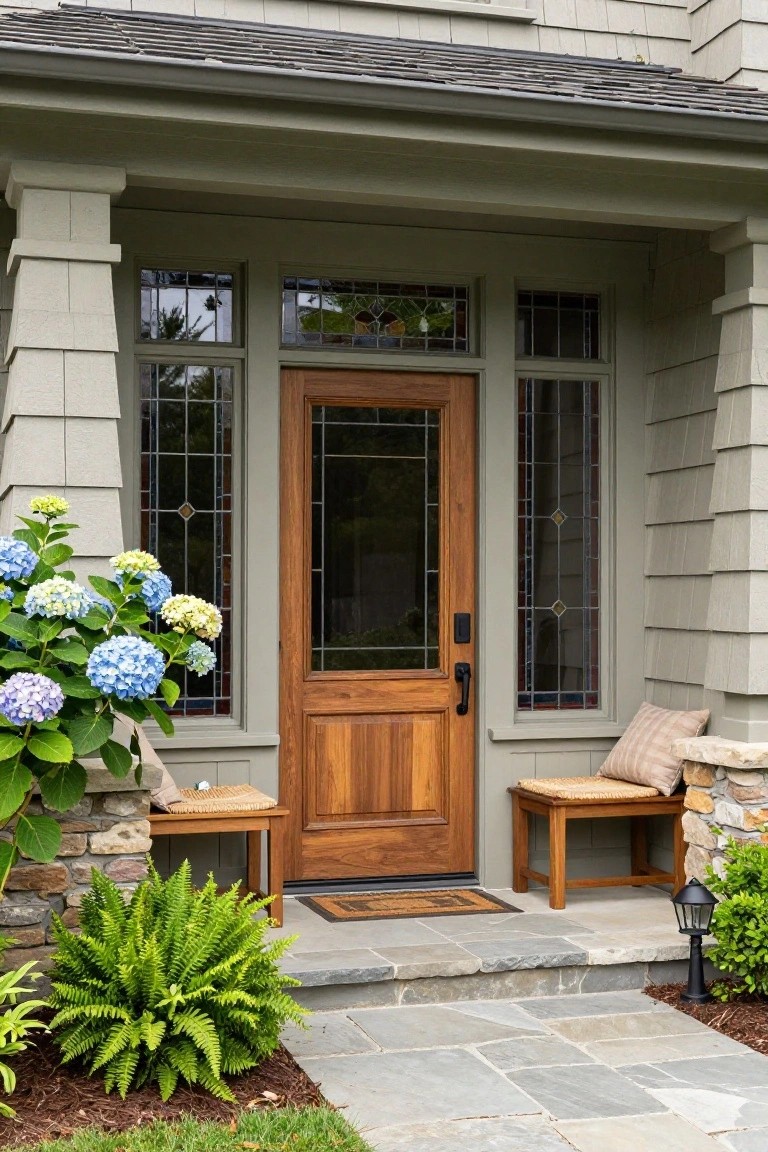 Gray shingle-sided Craftsman house exterior with wooden front door featuring stained glass, matching sidelight windows, wood benches on either side of the porch, blue hydrangeas, ferns, stone pillars, and slate steps.