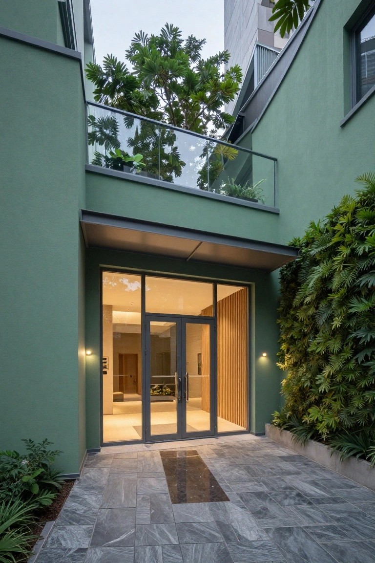 Green house exterior with large gray-framed glass double doors at the entrance, wood paneling beside, vertical plant wall on the right, glass balcony above, and gray slate tile pathway leading up.