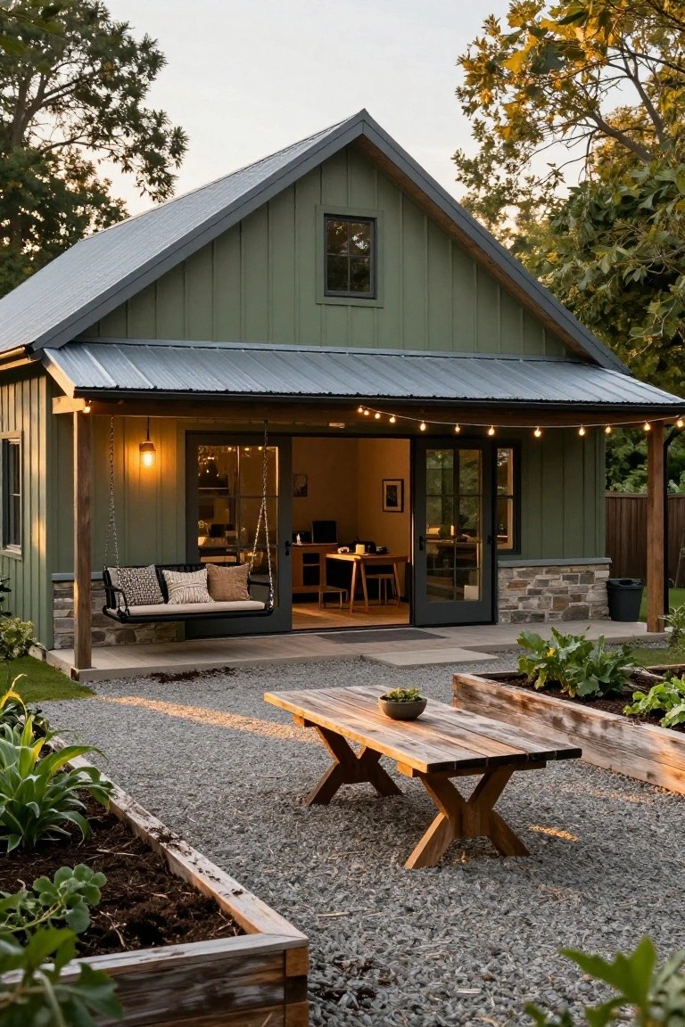 Sage green vertical board-and-batten shed with dark gray metal gable roof and trim, featuring a covered porch with hanging swing, string lights, open glass doors to interior office, gravel patio area with wooden table, and surrounding raised garden beds.