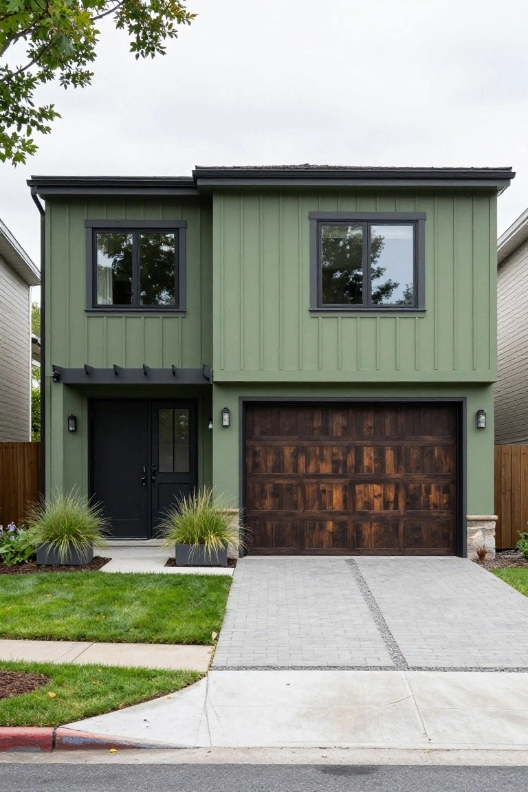 Two-story house with sage green vertical board-and-batten siding, black-framed windows and entry door, dark wood garage door, potted grasses flanking the entry, concrete driveway and path, green lawn, and neighboring houses.