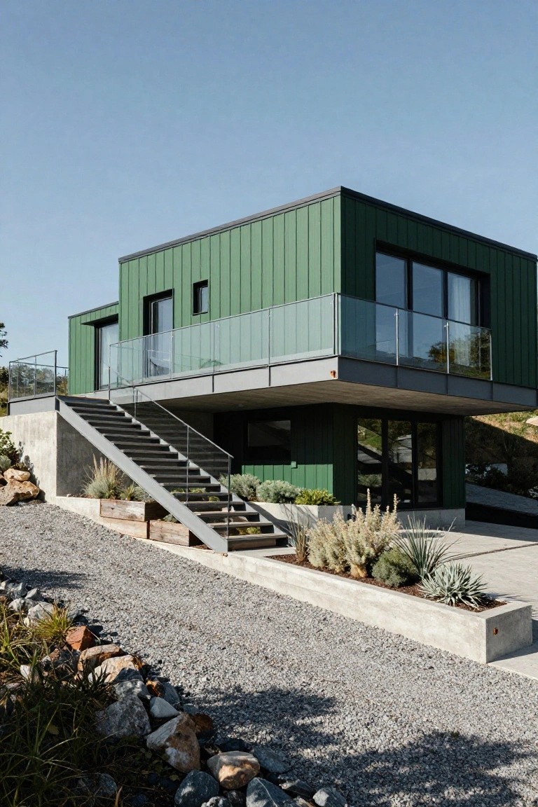 Modern two-story house with green vertical siding, elevated on gray concrete platform with metal stairs, glass balcony railing, and gravel landscaping with plants at the base.