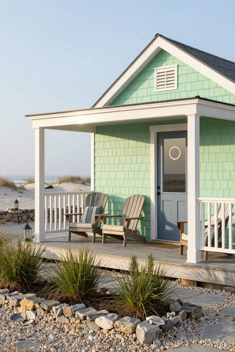Light green shingled cottage with white porch columns and railing, gray wooden Adirondack chairs, blue front door, beach dunes, sea oats, and rock-edged landscaping in the foreground.