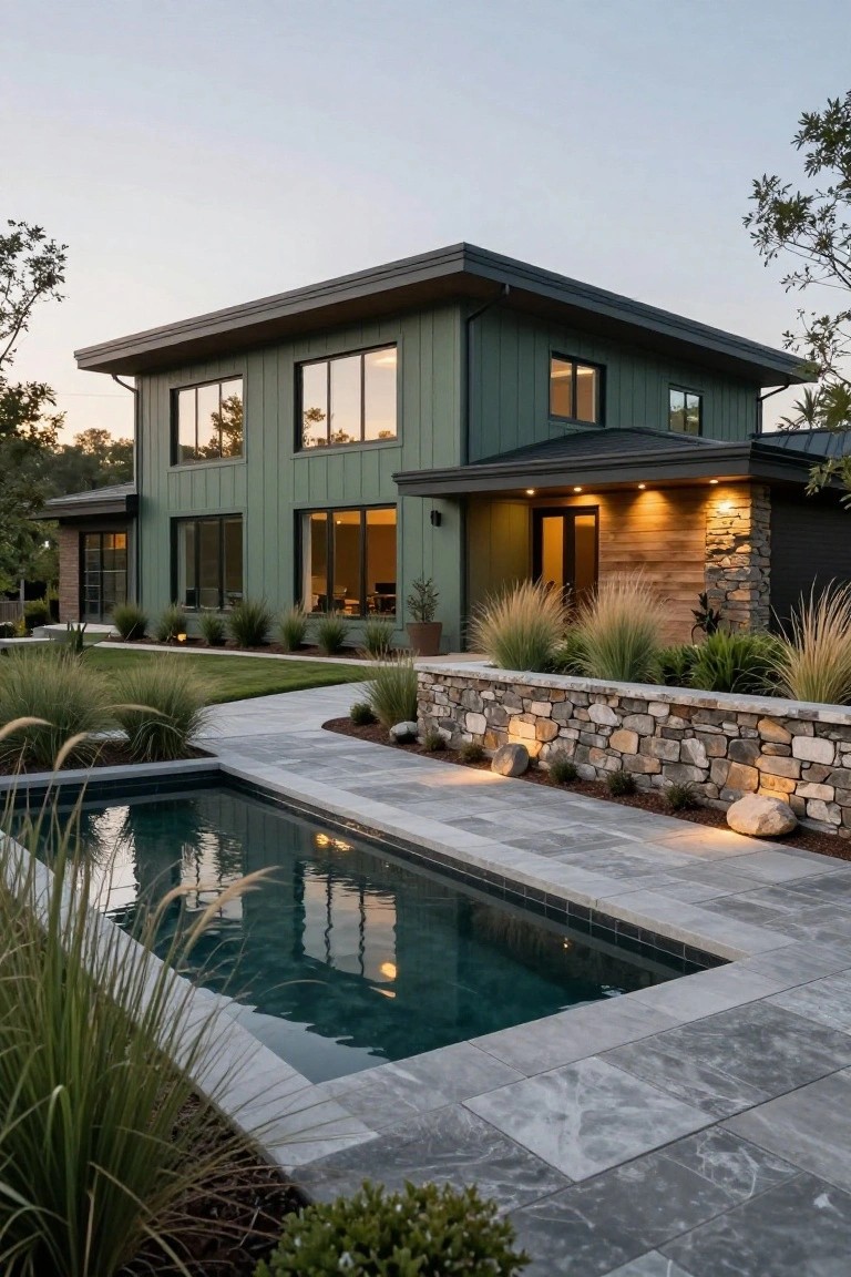 Two-story modern house with vertical green siding, large rectangular windows, dark gray roof and entry overhang, wood and stone accents, paved path beside a small rectangular pool with grasses and stone wall at dusk.