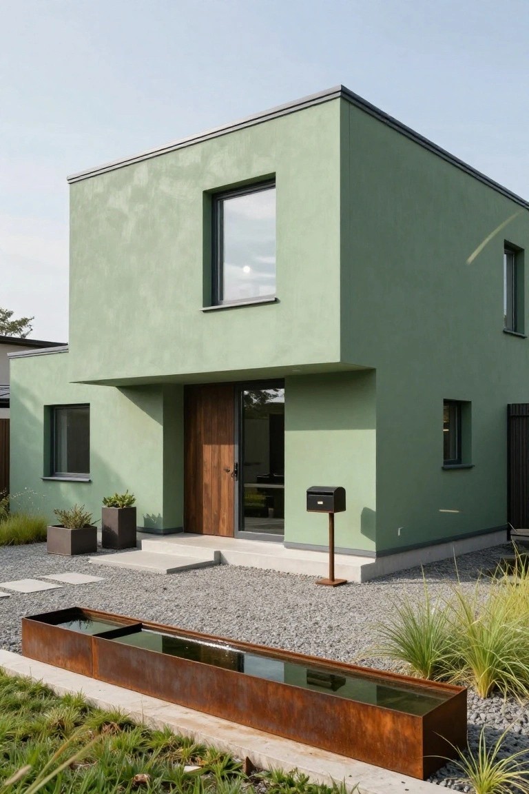 Corner view of a two-story modern house with pale green stucco walls, gray metal window frames, wooden front door, black mailbox on a post, potted plants, and a long rusted steel water trough in a gravel yard with grasses.