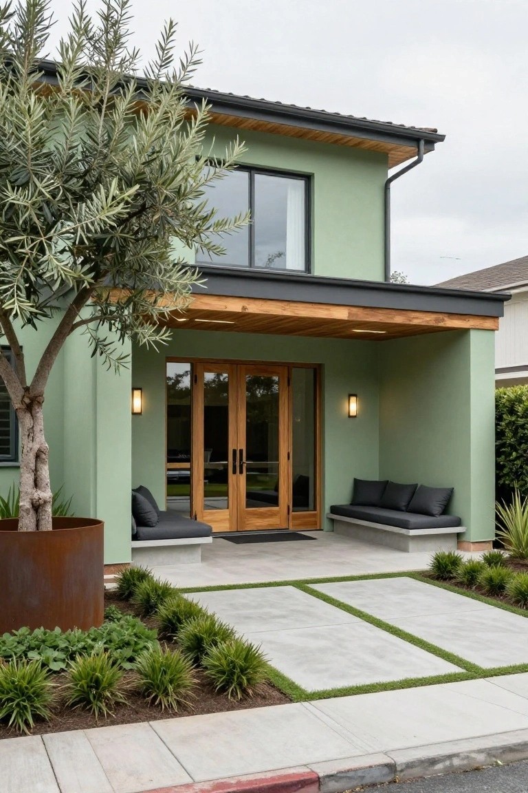 Front view of a two-story house with sage green stucco siding, dark gray roof and trim, wooden double doors under a covered wooden porch with built-in benches, an olive tree in a rusted metal planter beside the entry, and a paver pathway with grass strips.