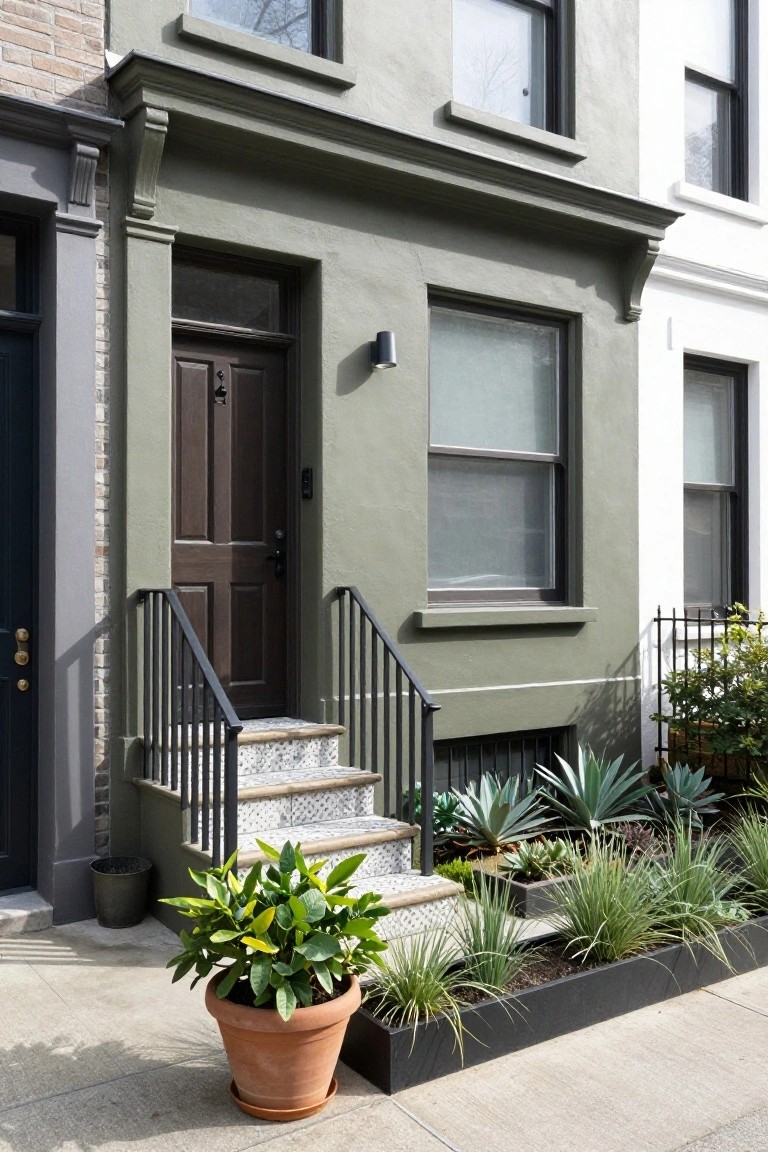 Sage green rowhouse exterior with dark wood front door, black metal stair railings enclosing tiled steps, frosted glass windows, wall light fixture, and succulent plants in a linear black metal bed at the base, adjacent to a white house and dark door on the left.