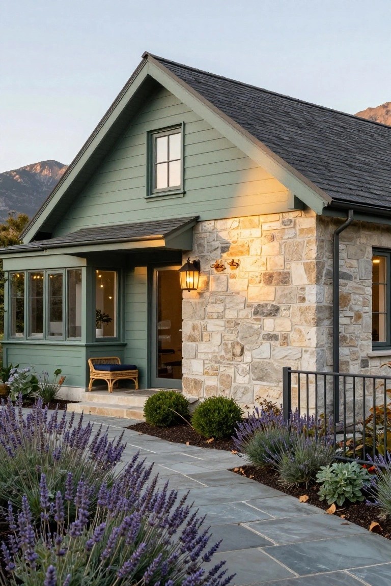 Sage green clapboard house with dark gray shingled roof, beige stone foundation and chimney, covered entry porch with lantern light, wicker chair, and lavender-lined slate path, mountains in background at dusk.