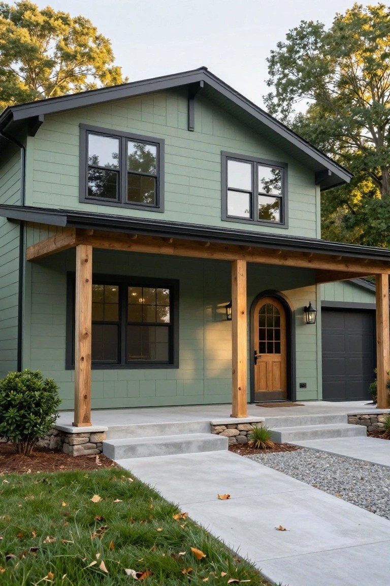 Two-story house painted sage green with black window frames and trim, featuring a covered wooden porch with arched door, attached gray garage door, concrete steps, and surrounding lawn with shrubs and gravel path.
