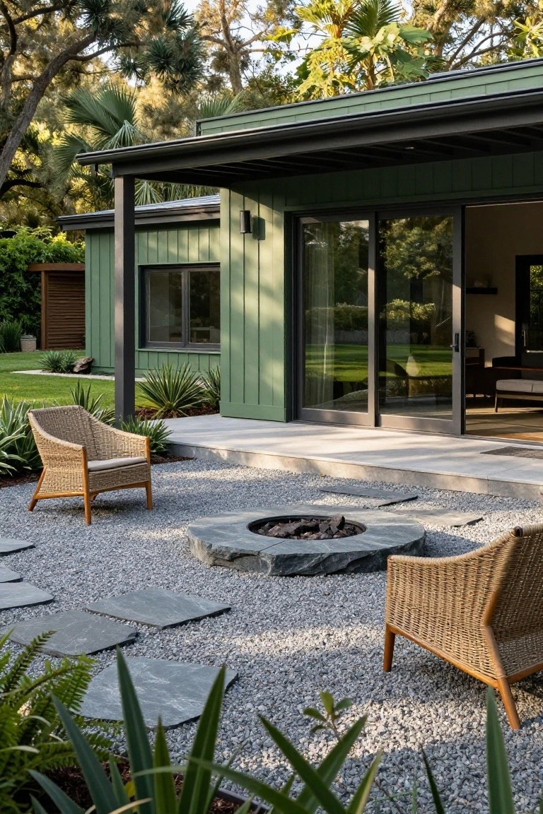 Green vertical board-and-batten house with gray trim and black-framed sliding doors opens to a gravel patio with a circular slate fire pit, two rattan armchairs, slate stepping stones, agave plants, and surrounding lawn and trees.