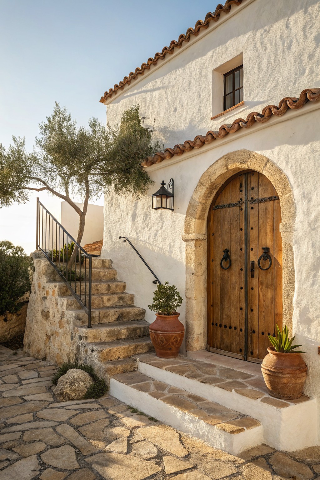 White stucco house exterior with terracotta tile roof, large arched wooden double door with iron hardware and knockers, stone steps with metal railing, terracotta planters, olive tree, and stone pathway.