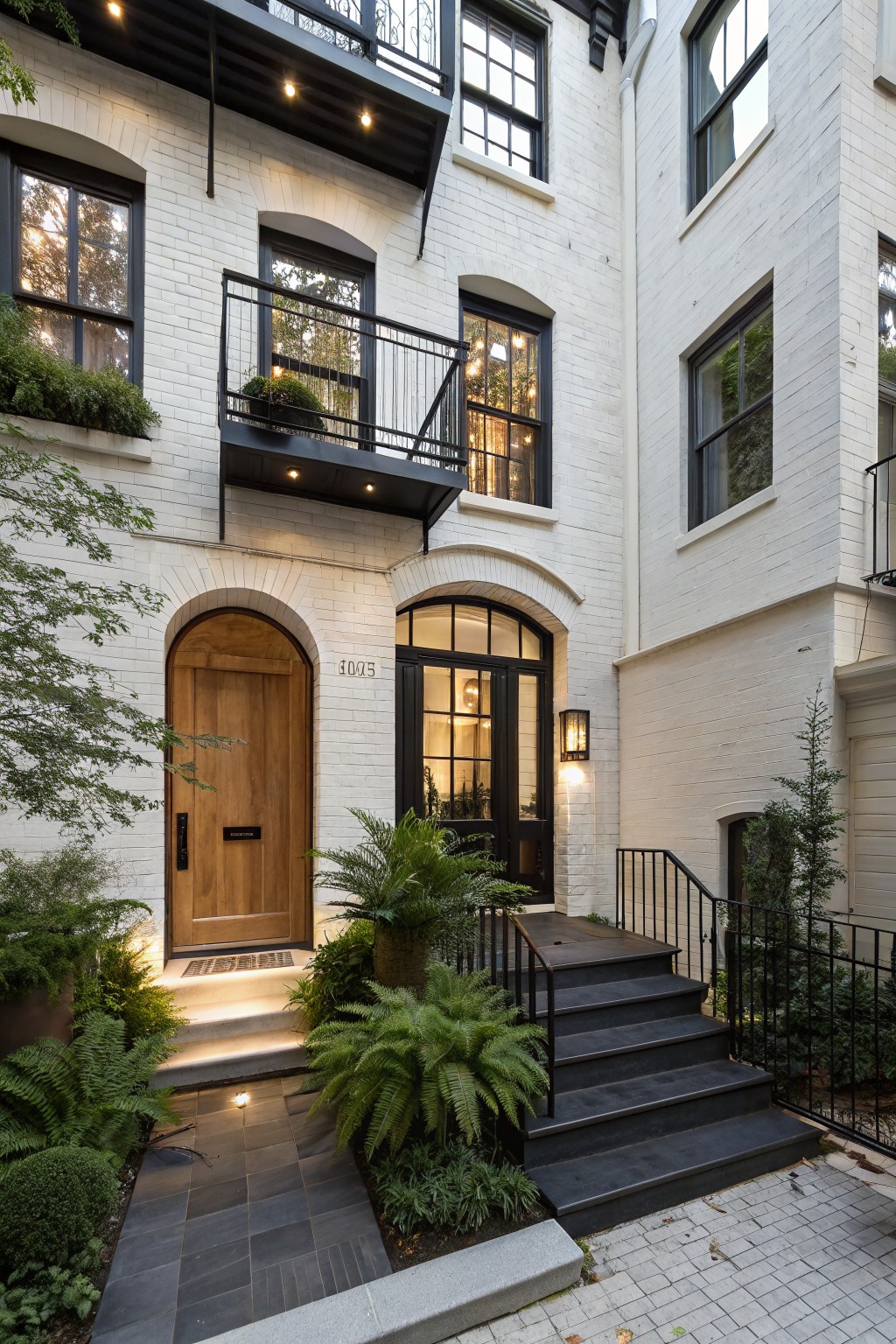 White brick townhouse exterior featuring black metal window frames, arched wooden front door numbered 3045, black balcony railing above, flanked by potted plants and ferns, with black steps leading to the entrance.