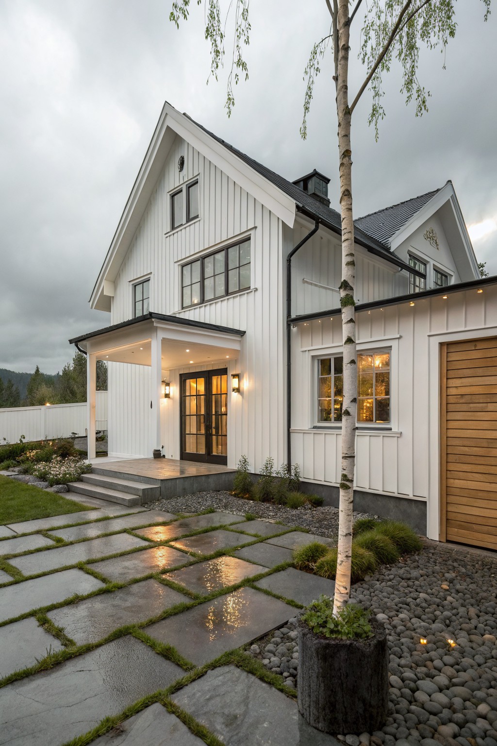 White gabled house with board-and-batten siding, black roof and window frames, covered front porch with black doors and lanterns, wood garage door, tall birch trees against the facade, stone paver pathway, and gravel landscaping under overcast sky.