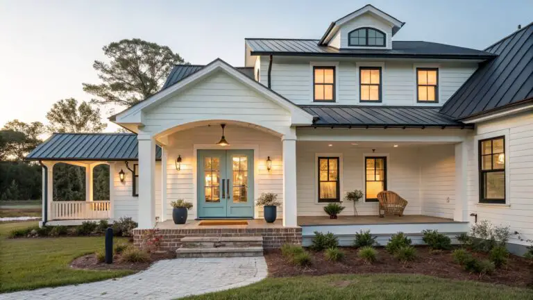 White clapboard house exterior with teal arched front door, covered porch supported by columns, lanterns, brick steps, potted plants, and brick pathway.