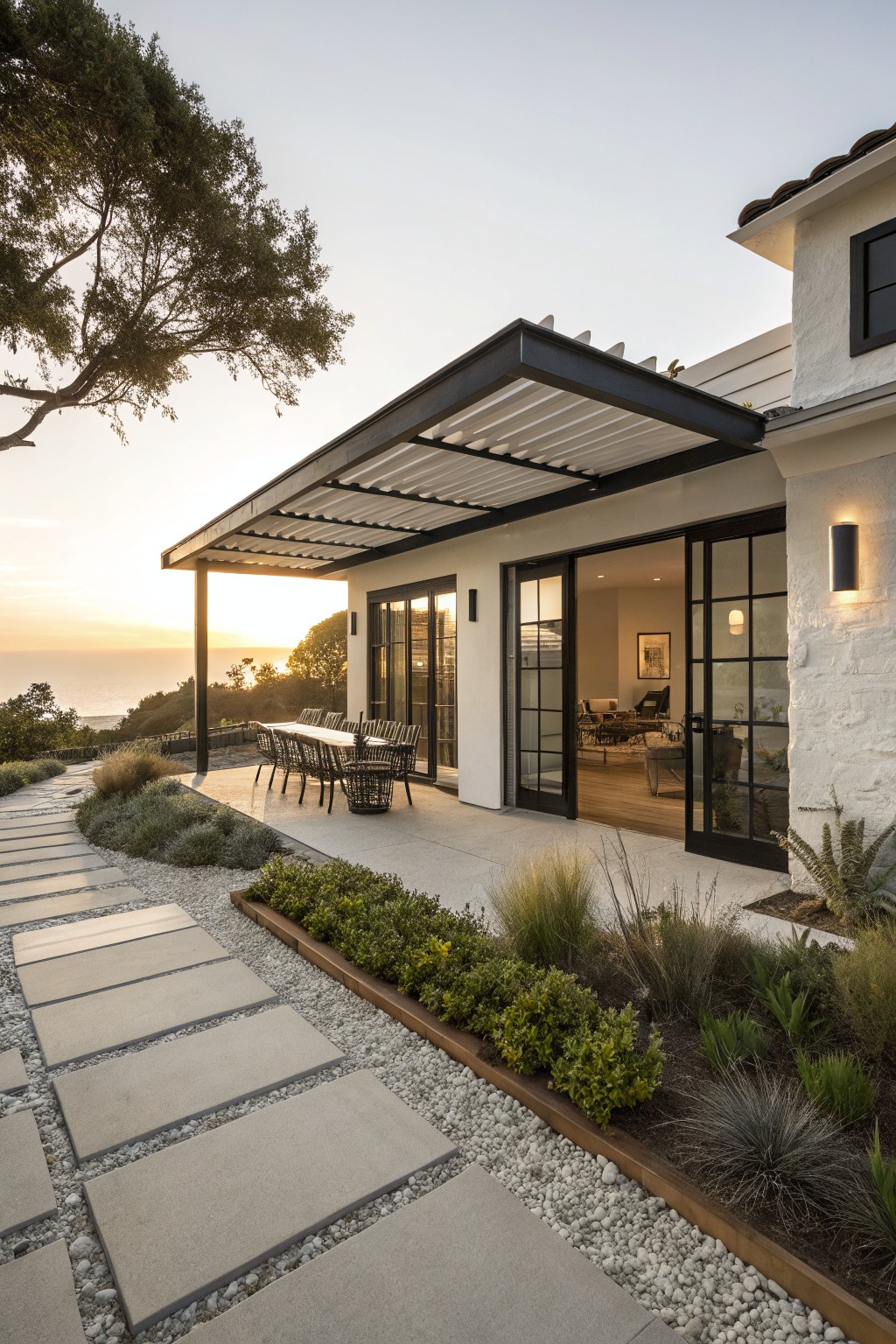 White stucco house with black metal louvered pergola covering a terrace dining area with woven chairs and table, open sliding doors to interior, stone pathway edged with low plants and grasses, ocean view at sunset.