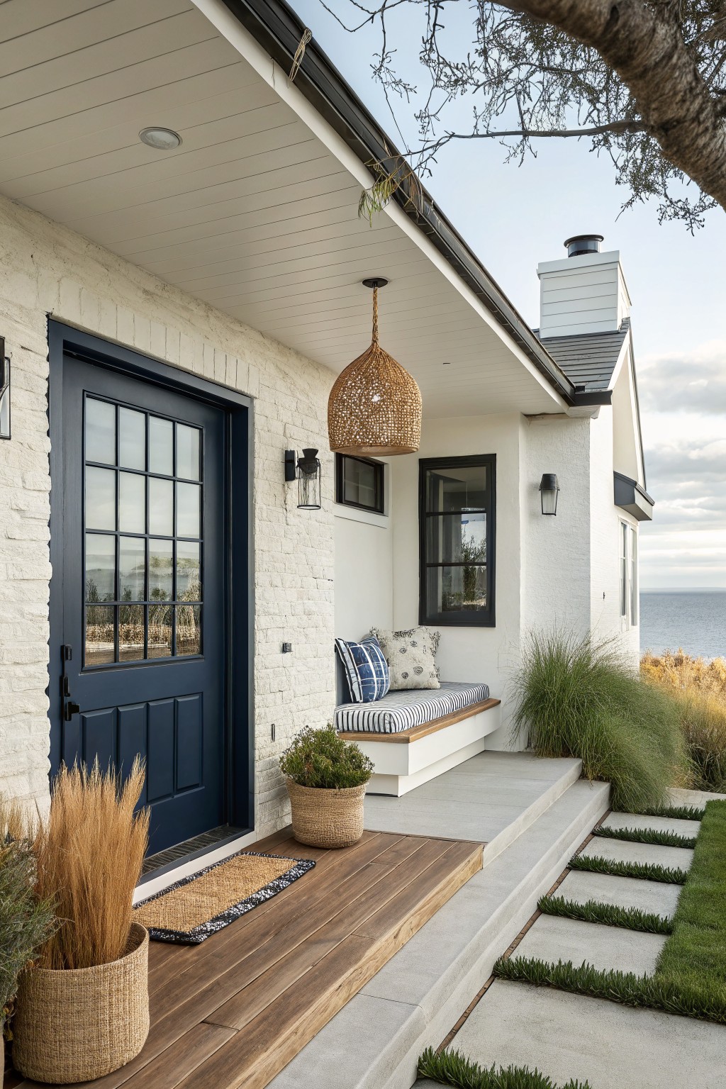 White stucco house exterior featuring a navy blue grid-paneled front door, woven hanging lantern, wall sconces, built-in cushioned bench, potted plants and grasses on wooden deck steps, concrete path, and ocean view.