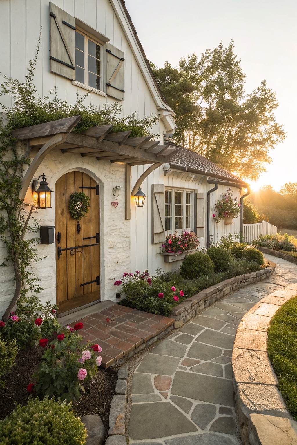 White clapboard house exterior with arched wooden front door under wooden pergola, iron lanterns, climbing vines, flower boxes, and stone pathway curving toward the entry at sunset.