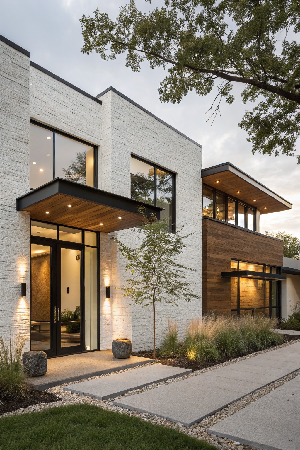 Modern two-story house exterior with white brick walls, dark wood cladding on the upper right section and entry canopy, large glass windows and doors, flanked by ornamental grasses, stone boulders, and a concrete pathway with pebble borders.